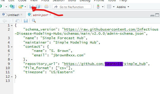 Screenshot of how to edit and save the admin.json file in RStudio