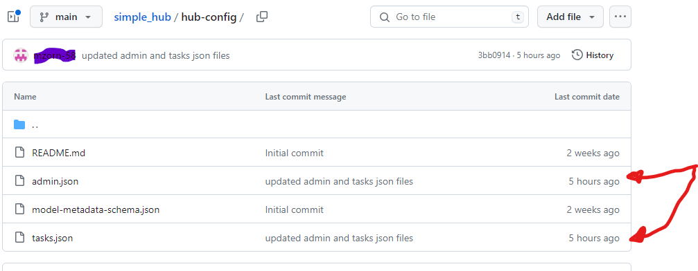 Screenshot of GitHub repository page with arrows pointing at time of last commits