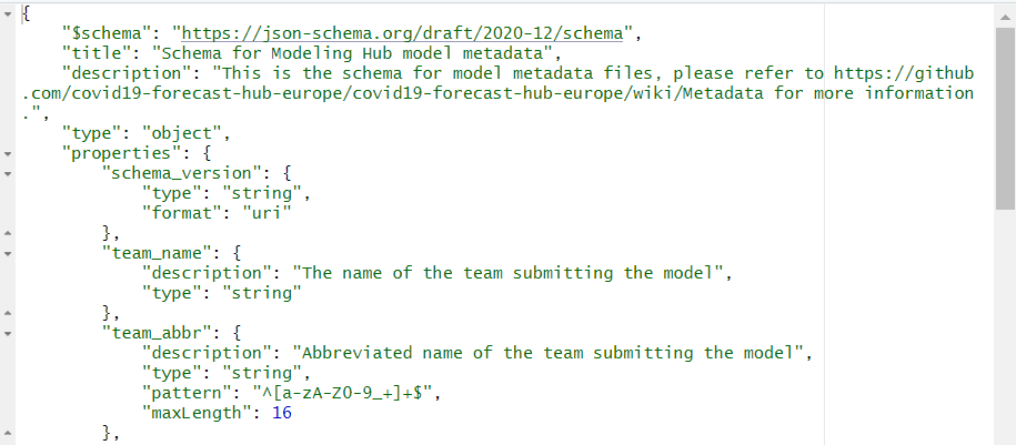 Screenshot of the code in the model-metadata-schema.json file