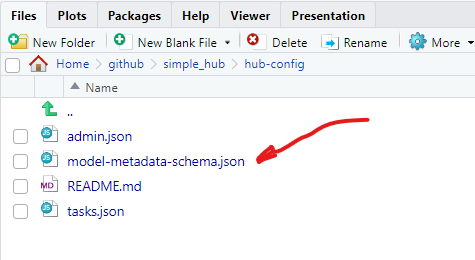 Screenshot of how to open model-metadata-schema.json file in RStudio